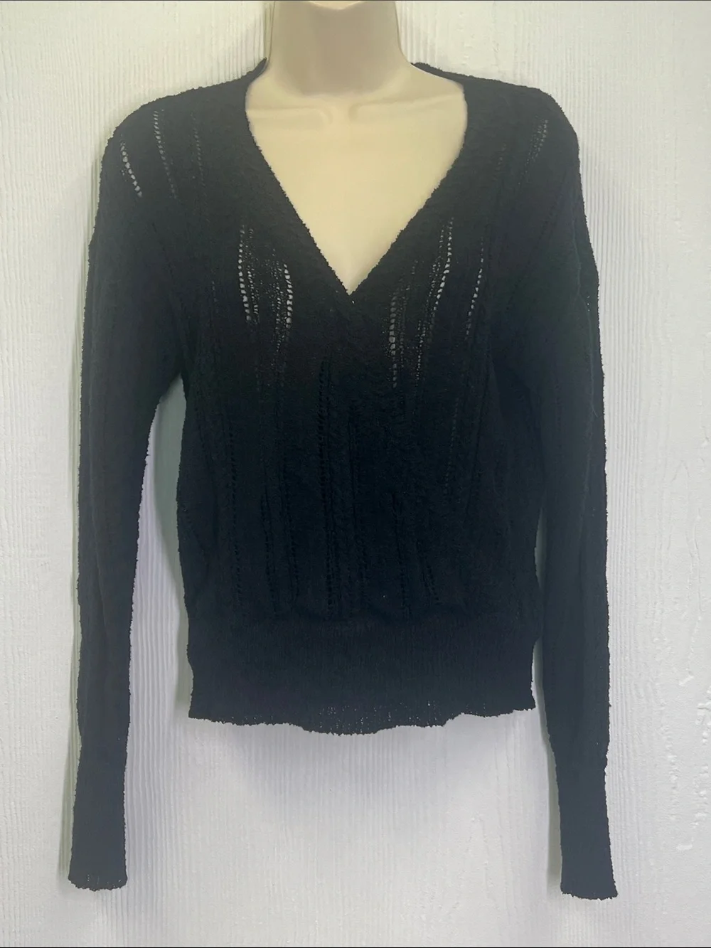 ASTR The Label - Wrap Front Pointelle Black Long Sleeve Lightweight Sweater SM